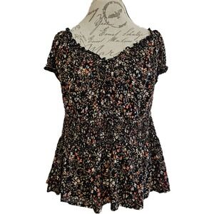 Old Navy Black Ditsy Floral Smocked Waist Tie Front Milkmaid Top Size XL